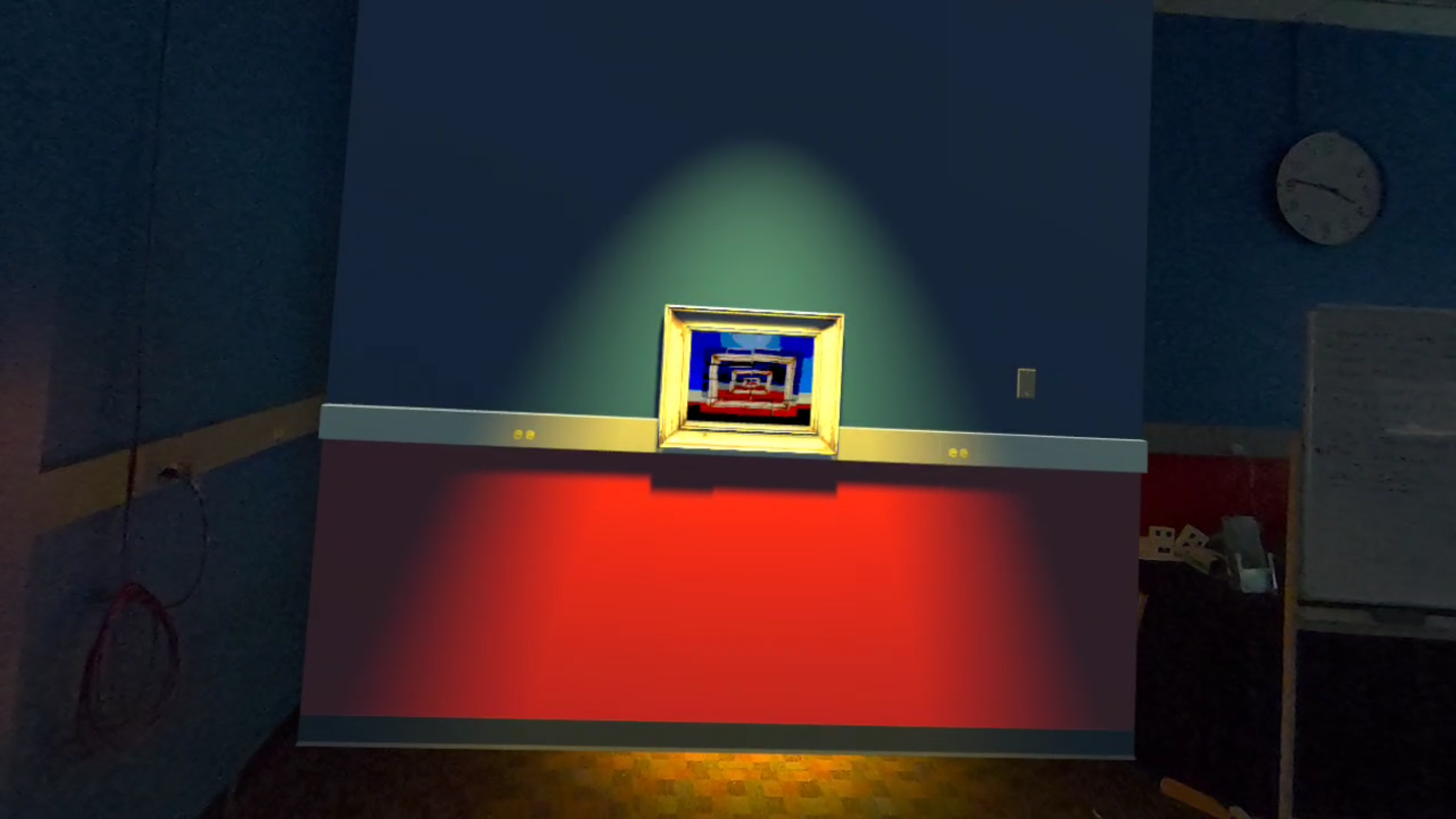 The painting seen through the headset. The physical elements are replaced by a wall matching the physical one around it, with a painting centered on it. The painting is of a painting of a painting of a painting...